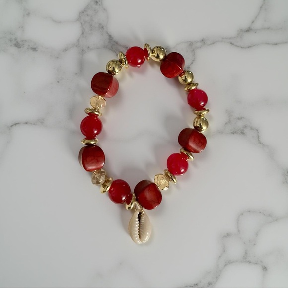 Red Beaded Cowrie Shell Bracelet ✨ Boho Gold Accent Stretch Bracelet | Handmade - Picture 5 of 5